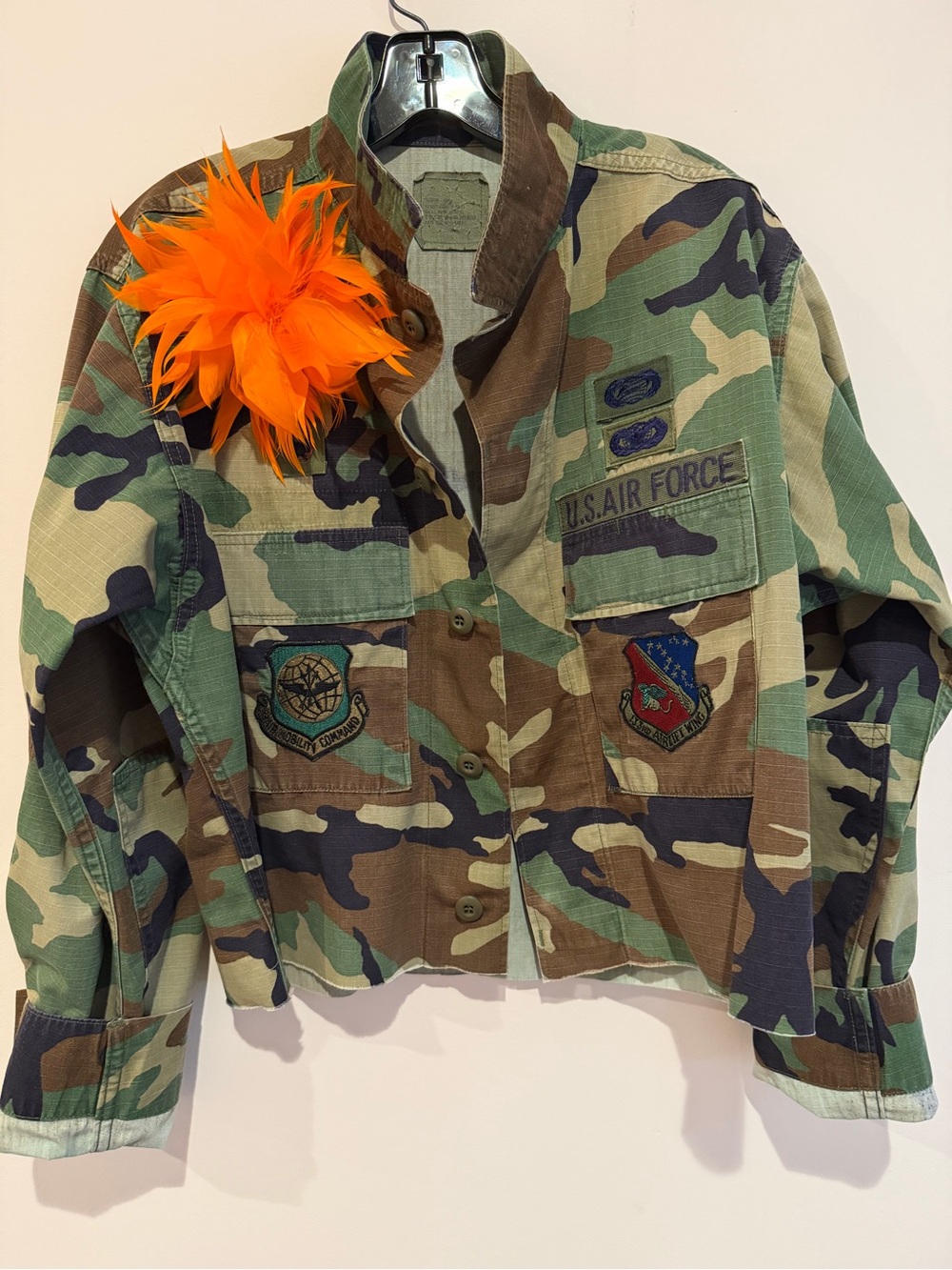 Cropped Vintage US Air Force Camo Fatigue with Orange Feather Accent